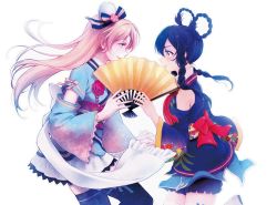2girls :d alternate_costume alternate_hairstyle angelic_angel ayase_eli bare_shoulders black_hair black_legwear blonde_hair blue_eyes blue_kimono braid collaboration commentary_request couple detached_sleeves eye_contact face-to-face female_focus floating_hair flower folding_fan from_side grin hair_ornament hair_ribbon hair_rings hand_fan japanese_clothes kimono long_hair looking_at_another love_live! love_live!_school_idol_project multiple_girls obi open_mouth parted_lips ribbon sash smile sonoda_umi suito thighhighs twin_braids white_legwear yellow_eyes yukiiti yuri rating:Sensitive score:6 user:danbooru