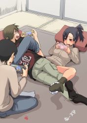  1girl 2boys black_hair black_legwear blue_hair blush bottomless breasts brown_eyes brown_hair capcom casual clothed_sex clothes_writing covering_privates denim glasses handheld_game_console indoors jeans kotatsu long_hair lying medium_breasts monster_hunter_(series) multiple_boys multitasking no_shoes open_mouth panties panties_around_leg pants pants_around_one_leg pillow playing_games playstation_portable ponytail ryo_(liver_sashi_daisuki!) sex short_hair signature sitting socks stealth_sex sweat table tatami teeth text_focus translated under_kotatsu under_table underwear vaginal video_game white_panties x-ray  rating:Explicit score:390 user:Furio