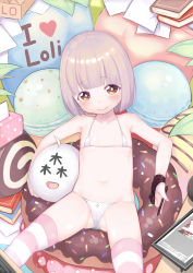  1girl atg_(wttoo0202) bare_shoulders bikini blunt_bangs blush bob_cut book closed_mouth doughnut female_focus flat_chest food from_above halterneck head_tilt heart highres holding legs_apart loli looking_up micro_bikini navel original polka_dot print_bikini solo stomach striped_clothes striped_thighhighs stylus swimsuit tablet thighhighs white_bikini  rating:Questionable score:76 user:Domestic_Importer
