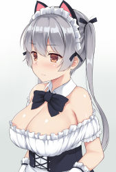 1girl animal_ears bare_shoulders black_bow black_bowtie black_ribbon blush bow bowtie breasts cat_ears cleavage closed_mouth corset detached_collar eyebrows grey_hair hair_ribbon highres large_breasts long_hair maid maid_headdress mizunashi_kenichi off_shoulder original ribbon shiny_skin solo twintails upper_body white_background  rating:Sensitive score:36 user:danbooru