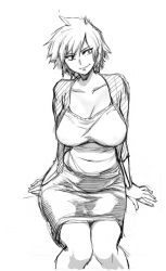 10s 1girl bakugou_mitsuki boku_no_hero_academia breasts collarbone cropped_legs greyscale highres invisible_chair jacket large_breasts looking_to_the_side mature_female monochrome shiwasu_no_okina short_hair sideways_glance sitting sketch skirt smile solo spiked_hair white_background rating:Sensitive score:121 user:danbooru