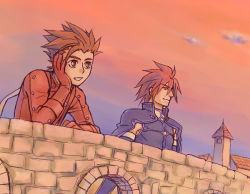  00s 2boys age_difference akagi_haruna brown_eyes brown_hair dusk father_and_son kratos_aurion lloyd_irving multiple_boys red_eyes red_hair short_hair smile spiked_hair tales_of_(series) tales_of_symphonia 