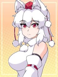  1girl animal_ears breasts detached_sleeves hat highres inubashiri_momiji looking_at_viewer mountain_of_faith neferkitty pom_pom_(clothes) red_eyes ribbon-trimmed_sleeves ribbon_trim short_hair simple_background solo tokin_hat touhou white_hair wolf_ears wolf_girl 