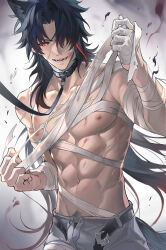  1boy abs absurdres animal_ear_fluff animal_ears bandaged_arm bandaged_hand bandaged_neck bandages belt black_belt black_collar black_hair blade_(honkai:_star_rail) chest_sarashi chinese_commentary clenched_hand collar collarbone commentary_request earrings fangs gradient_hair grey_pants hair_intakes hair_over_one_eye hands_up highres honkai:_star_rail honkai_(series) jewelry leash long_hair looking_at_viewer male_focus male_pubic_hair multicolored_hair navel nipples one_eye_covered open_belt open_fly open_mouth pants parted_bangs pectorals pos_po pubic_hair pubic_hair_peek red_eyes red_hair round_teeth sarashi scar scar_on_arm scar_on_chest sidelocks single_earring solo standing stomach tail teeth tongue topless_male torn_sarashi undone_sarashi v-shaped_eyebrows very_long_hair viewer_holding_leash wolf_boy wolf_ears wolf_tail  rating:Sensitive score:7 user:danbooru