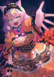  1girl :3 absurdres animal_ears blurry blurry_background blurry_foreground bokeh brooch candy_hair_ornament cat_ears corset cross cross_necklace depth_of_field dress dress_ribbon ear_piercing fangs food-themed_hair_ornament ghost_hair_ornament green_eyes hair_ornament hairband half-closed_eyes halloween highres hoimi_illust jack-o&#039;-lantern jack-o&#039;-lantern_hair_ornament jewelry lolita_hairband lollipop_hair_ornament long_hair looking_at_viewer multicolored_hair multiple_rings necklace nijisanji open_mouth outstretched_arm piercing pink_hair reaching reaching_towards_viewer ring short_sleeves solo streaked_hair underbust very_long_hair virtual_youtuber white_hair wrist_cuffs yang_nari 