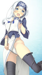 10s 1girl ainu ainu_clothes bandana black_thighhighs blue_eyes blush breasts cameltoe chain cropped_jacket dress folded_ponytail fundoshi headband highres imachireki japanese_clothes kamoi_(kancolle) kantai_collection large_breasts leg_up long_hair long_sleeves looking_to_the_side open_mouth sideboob sidelocks sleeveless sleeveless_dress solo tearing_up thick_eyebrows thighhighs underwear wardrobe_malfunction white_dress white_hair wrist_guards rating:Questionable score:8 user:danbooru