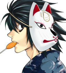  00s 1boy bad_id bad_pixiv_id bags_under_eyes black_hair death_note fox_mask japanese_clothes l_(death_note) male_focus mask matsubara_mio matsubara_mio_(artist) mouth_hold profile short_hair solo 
