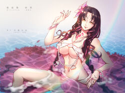  1girl absurdly_long_hair artist_name bikini black_hair bracelet braid breasts caustics character_name chest_tattoo chinese_commentary commentary_request dogdogwanwan earrings fate/grand_order fate_(series) feet_out_of_frame fingernails flower forehead_tattoo furigana grin groin hair_flower hair_ornament highres jewelry large_breasts long_hair looking_at_viewer mismatched_bikini mudra multicolored_hair nail_polish navel necklace partial_commentary partially_submerged pearl_bracelet pearl_earrings pearl_necklace petals pink_bikini pink_flower pink_hair pink_lips pink_nails pink_sarong sessyoin_kiara sessyoin_kiara_(swimsuit_mooncancer) sessyoin_kiara_(swimsuit_mooncancer)_(first_ascension) shell shell_necklace sidelocks sitting smile solo streaked_hair swimsuit tattoo twin_braids very_long_hair vitarka_mudra water wavy_hair white_bikini yellow_eyes 