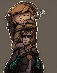  1boy 1girl blonde_hair carrying colored_sclera crossover front_ponytail link midna midna_(true) neon_trim nintendo one_eye_closed orange_hair red_eyes role_reversal shoulder_carry simple_background sleeping sleeping_on_person spoilers telr_(artist) the_legend_of_zelda the_legend_of_zelda:_the_wind_waker the_legend_of_zelda:_twilight_princess toon_link yellow_sclera zzz 