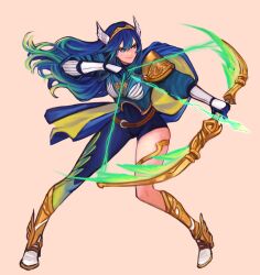  1girl alternate_costume armor arrow_(projectile) asymmetrical_clothes asymmetrical_legwear blue_cape blue_eyes blue_gloves blue_hair blue_pants bow_(weapon) breastplate cape closed_mouth commentary commission english_commentary fire_emblem fire_emblem_awakening floating_hair full_body gloves gold_trim green_hair highres holding holding_bow_(weapon) holding_weapon long_hair lucina_(fire_emblem) multicolored_hair nintendo pants pauldrons sethkiel shoes shoulder_armor simple_background single_pantsleg single_pauldron smile solo streaked_hair tiara two-tone_hair weapon white_footwear wing_hair_ornament yellow_background 