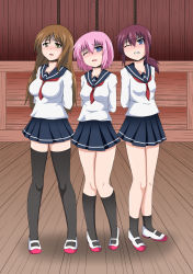  3girls arms_behind_back asphyxiation breasts character_request hanged highres medium_breasts miniskirt multiple_girls noose peril school_uniform serafuku skirt small_breasts strangling thighhighs  rating:Questionable score:21 user:taxonman