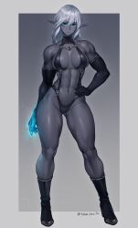  1girl abs arm_at_side bare_shoulders black_footwear black_gloves blue_eyes boots border breasts closed_mouth colored_skin contrapposto dark_elf dated_commentary elbow_gloves elf expressionless full_body gem gloves glowing glowing_hand gluteal_fold grey_background grey_hair grey_skin groin hair_between_eyes halterneck hand_on_own_hip highres knee_boots long_pointy_ears looking_at_viewer medium_breasts medium_hair muscular muscular_female navel original outside_border pointy_ears purple_gemstone revealing_clothes sideboob solo standing stomach takebouzu toned twitter_username white_border  rating:Sensitive score:9 user:danbooru