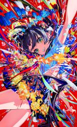  1girl :d absurdres black_hair broken_picture_frame colorful floating_hair flower grin highres looking_at_viewer mika_pikazo multicolored_eyes multicolored_hair open_mouth original outstretched_arms picture_frame smile solo teeth 