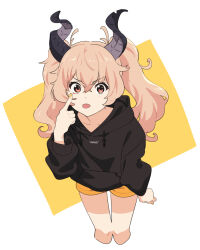  1girl :p akanbe arm_at_side asymmetrical_horns black_hood black_horns cowboy_shot cropped_legs curled_horns dot_nose double-parted_bangs drawstring eyelid_pull hood hoodie horns kagase_uno kamo_kamen leaning leaning_forward long_hair orange_eyes orange_shorts perspective pink_hair shorts solo three_quarter_view tongue tongue_out twintails unkempt versen virtual_youtuber white_background 