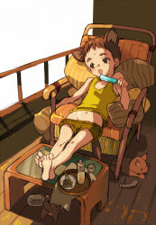  androgynous animal_ears barefoot brown_eyes brown_hair chair child clothes_pull coin_rand dog gender_request ice licking lying male_focus navel pillow puppy shirt short_hair shorts shorts_pull solo table tail  rating:Sensitive score:33 user:Bachus