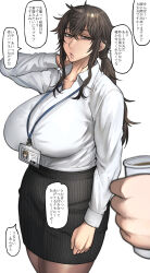  absurdres arm_behind_head bags_under_eyes breasts brown_hair coffee_cup cowlick cup disposable_cup highres huge_breasts long_hair name_tag office_lady original paid_reward pantyhose pencil_skirt pepe_(jonasan) ponytail shirt skirt talking unkempt white_shirt wide_hips 