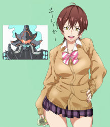  10s 1girl :d alexis_kerib alternate_costume bad_id bad_pixiv_id bow breasts brown_hair brown_sweater cardigan cellphone company_connection contrapposto cosplay cowboy_shot diagonal_stripes earrings green_background gridman_universe hand_on_own_hip highres inada_tetsu jewelry large_breasts looking_at_viewer microskirt midori_(uchuu_patrol_luluco) midori_(uchuu_patrol_luluco)_(cosplay) mature_female miniskirt open_mouth over_justice parody phone plaid plaid_skirt pleated_skirt pretty-purin720 purple_skirt school_uniform shintani_mayumi short_hair simple_background skirt smile ssss.gridman standing striped striped_bow sweater tagme takarada_orie translation_request trigger_(company) uchuu_patrol_luluco voice_actor_connection yellow_eyes 