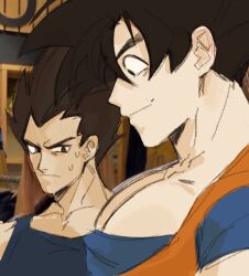  2boys bara dragon_ball dragonball_z frisk_(coffezit0s) from_side girl_staring_at_guys_chest_(meme) large_pectorals looking_at_another looking_at_pectorals looking_down male_focus meme multiple_boys muscle_envy muscular muscular_male pectoral_cleavage pectorals photo-referenced photo_background short_hair sketch son_goku sweatdrop upper_body vegeta yaoi 