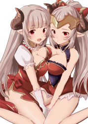 10s 2girls :d alicia_(granblue_fantasy) aliza_(granblue_fantasy) asymmetrical_docking azuma_kei bare_shoulders blush breast_press breasts cleavage draph dress gloves granblue_fantasy horns large_breasts long_hair looking_at_viewer mother_and_daughter multiple_girls open_mouth pointy_ears red_eyes silver_hair simple_background sitting sketch smile white_background white_gloves rating:Sensitive score:19 user:danbooru