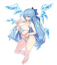  1girl aged_up bare_shoulders bikini blue_bikini blue_bow blue_choker blue_eyes blue_hair bow braid breasts choker cirno cirno-nee cleavage collarbone covered_erect_nipples detached_wings foot_out_of_frame from_side hair_bow hand_up highres huge_breasts ice ice_wings kiyama_satoshi legs long_hair looking_at_viewer micro_bikini open_mouth see-through side-tie_bikini_bottom simple_background skindentation smile solo strap_pull swimsuit touhou very_long_hair white_background wings 