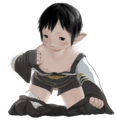  10s 1girl black_eyes black_hair final_fantasy final_fantasy_xiv flat_chest highres japanese_clothes kimono kneeling konbu326 lalafell looking_at_viewer nipples pointy_ears pussy_juice short_hair solo thigh_gap  rating:Explicit score:7 user:Rowland458