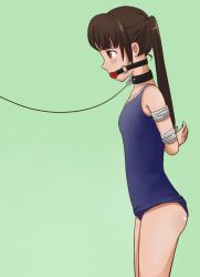  1girl arms_behind_back artist_request ball_gag bdsm blush bondage bound box_tie brown_eyes brown_hair collar embarrassed gag gagged leash loli simple_background  rating:Questionable score:48 user:sick-fuck