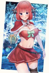  1girl :p alternate_costume arm_at_side belt black_belt black_ribbon black_thighhighs blue_eyes blunt_bangs blurry blurry_background blush bow breasts butterfly_hair_ornament capelet cleavage closed_mouth commentary_request cowboy_shot curvy eyelashes fur-trimmed_capelet fur_trim gift go-toubun_no_hanayome green_bow hair_ornament hair_ribbon hand_up highres holding holding_gift kakato_0 large_breasts looking_at_viewer medium_hair miniskirt nakano_nino navel night outdoors photo_background pleated_skirt pom_pom_(clothes) red_bow red_hair red_skirt ribbon santa_capelet single_thighhigh skirt smile solo standing stomach straight_hair thighhighs tongue tongue_out two_side_up white_fur white_wrist_cuffs winter wrist_cuffs  rating:Sensitive score:8 user:danbooru