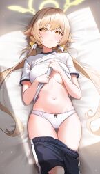  1girl absurdres bed_sheet black_shorts blue_archive blush breasts closed_mouth gluteal_fold gym_shirt gym_uniform halo hifumi_(blue_archive) highres hooming_illust light_brown_hair long_hair looking_at_viewer low_twintails medium_breasts navel panties shirt short_sleeves shorts solo twintails underwear white_panties white_shirt yellow_eyes yellow_halo 