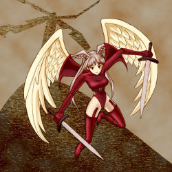  1girl angel_wings belt boots breasts female_focus final_fantasy final_fantasy_tactics gloves grey_hair head_wings leotard long_hair orange_eyes red_eyes solo sword thigh_boots thighhighs ultima_(fft) weapon white_hair wings yuzuki_ai 