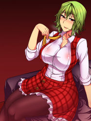  1_(kawaseha) 1girl bed black_pantyhose blush breasts breath cleavage collarbone come_hither green_hair heavy_breathing highres kazami_yuuka large_breasts looking_at_viewer miniskirt nose_blush on_bed pantyhose plaid plaid_skirt plaid_vest red_eyes seductive_smile short_hair sitting skirt skirt_set smile solo thighs touhou undressing vest wet wet_clothes  rating:Sensitive score:27 user:danbooru