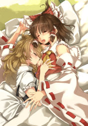  1boy 1girl ascot bad_id bad_pixiv_id bed benikurage_(cookie) blonde_hair blouse blush bow braid breast_sucking breasts brown_hair closed_eyes commentary_request cookie_(touhou) detached_sleeves frilled_bow frilled_hair_tubes frills genderswap genderswap_(ftm) hair_between_eyes hair_bow hair_tubes hakurei_reimu hetero highres kirisame_marisa long_hair lying medium_hair meji_aniki nipples open_mouth pillow puffy_short_sleeves puffy_sleeves purple_bow red_bow red_shirt rei_(cookie) ribbon-trimmed_sleeves ribbon_trim shirt short_sleeves side_braid single_braid sleeveless sleeveless_shirt small_breasts suspenders tongue touhou trap under_covers upper_body white_shirt white_sleeves yellow_ascot  rating:Questionable score:29 user:danbooru