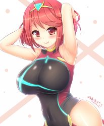  1girl armpits arms_behind_head arms_up bare_shoulders between_breasts black_one-piece_swimsuit blush breasts competition_swimsuit covered_navel headpiece jewelry kane-neko large_breasts nintendo one-piece_swimsuit pyra_(pro_swimmer)_(xenoblade) pyra_(xenoblade) red_eyes red_hair red_one-piece_swimsuit sidelocks solo swimsuit tiara xenoblade_chronicles_(series) xenoblade_chronicles_2  rating:Sensitive score:18 user:danbooru