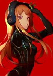 1girl ask_(askzy) bodysuit brown_eyes brown_hair commentary_request from_side gloves goggles green_gloves hand_up long_hair looking_at_viewer persona persona_5 red_background sakura_futaba simple_background solo upper_body rating:Sensitive score:46 user:danbooru