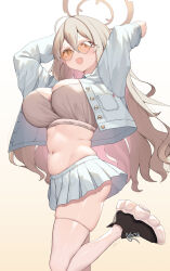 1girl absurdres ahoge akane_(blue_archive) arms_up ass black_footwear blue_archive breasts bright_pupils brown-tinted_eyewear calvin_klein cloba clothes_writing commentary cropped_jacket gradient_background gradient_hair grey_jacket grey_skirt hair_between_eyes halo heart heart-shaped_eyewear highres jacket large_breasts light_blush light_brown_hair long_hair long_sleeves looking_at_viewer miniskirt multicolored_hair navel open_clothes open_jacket open_mouth pink_hair pleated_skirt pocket shoes skindentation skirt smile sneakers solo standing standing_on_one_leg sunglasses thighhighs thighs tinted_eyewear underbutt very_long_hair white_background white_pupils 
