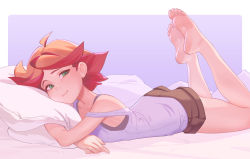  1girl ahoge amanda_o&#039;neill barefoot brown_shorts closed_mouth dnaitari feet feet_up green_eyes highres hugging_object little_witch_academia looking_at_viewer lying medium_hair multicolored_hair on_stomach orange_hair pillow pillow_hug red_hair shirt short_hair shorts sleeveless sleeveless_shirt smile soles solo tank_top the_pose toes two-tone_hair white_shirt  rating:Sensitive score:81 user:ssfl