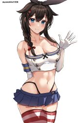  1girl bandeau black_hairband black_panties blue_eyes blue_skirt braid breasts brown_hair cleavage closed_mouth cosplay cropped_shirt elbow_gloves gloves hair_flaps hair_ornament hair_over_shoulder hairband hairpin halterneck highleg highleg_panties highres kantai_collection large_breasts long_hair looking_at_viewer microskirt mizuki_(uzuki_no_sato) navel one-hour_drawing_challenge panties shigure_(kancolle) shigure_kai_ni_(kancolle) shimakaze_(kancolle) shimakaze_(kancolle)_(cosplay) shirt single_braid skirt smile solo striped_clothes striped_thighhighs thighhighs twitter_username underwear waving white_gloves white_shirt 