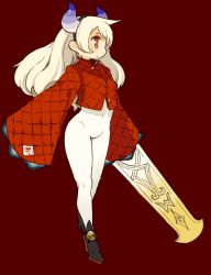  1girl ankle_boots blush bodystocking boots coat covered_navel crossed_legs high_heels highres horns jacket long_hair long_sleeves looking_to_the_side mota no_pants original padded_coat red_background red_eyes simple_background sketch sleeves_past_wrists solo sword watson_cross weapon white_hair wide_sleeves  rating:Sensitive score:34 user:danbooru