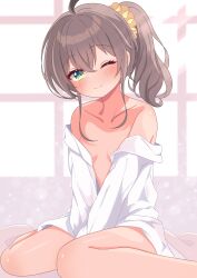  1girl absurdres ahoge blush breasts brown_eyes brown_hair hair_ornament hair_scrunchie highres hololive long_hair looking_at_viewer mitsuboshi_nuko naked_shirt natsuiro_matsuri one_eye_closed one_side_up scrunchie shirt small_breasts smile solo virtual_youtuber white_shirt yellow_scrunchie 