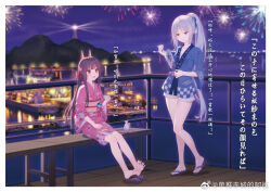  2girls aerial_fireworks akagi_(warship_girls_r) alternate_costume animal_ears bare_legs barefoot black_hair blue_kimono blunt_bangs brown_eyes chichengde_haotidu_afusang feet fireworks flower hair_flower hair_ornament high_ponytail japanese_clothes kimono long_hair multiple_girls night obi official_alternate_costume open_mouth outdoors pink_kimono ponytail sandals sash shorts sitting smile toes very_long_hair warship_girls_r water weibo_logo weibo_watermark yukata 