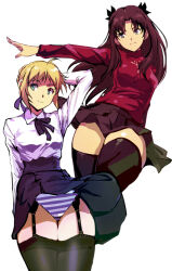 2girls ahoge alternate_legwear artoria_pendragon_(all) artoria_pendragon_(fate) black_hair black_skirt black_thighhighs blonde_hair blouse blue_ribbon blue_skirt commentary_request cross fate/stay_night fate_(series) garter_straps green_eyes hair_ribbon hand_on_own_hip kamisimo_90 long_hair looking_at_viewer multiple_girls panties pantyshot pleated_skirt red_sweater ribbon saber_(fate) shirt skirt smile striped_clothes striped_panties sweater thighhighs tohsaka_rin two_side_up underwear white_background white_shirt wind wind_lift 