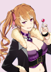  1girl black_coat breasts brown_hair candy choker cleavage coat figureheads food fur_trim hair_ribbon hand_on_own_hip hand_up holding holding_candy holding_food jewelry large_breasts lollipop long_hair midriff navel necklace purple_choker purple_eyes ribbon ring sakumo_(karatama) side_ponytail simple_background solo wristband 
