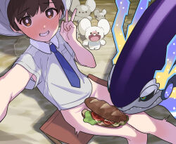  1boy blue_necktie blush bottomless brown_eyes brown_hair covered_penis creatures_(company) florian_(pokemon) food food_on_body food_on_penis game_freak heavy_breathing highres looking_at_viewer male_focus maushold maushold_(family_of_four) miraidon mubo necktie nintendo on_ground open_mouth penis pokemon pokemon_(creature) pokemon_sv sandwich selfie shirt short_sleeves smile trap v white_shirt  rating:Questionable score:53 user:danbooru