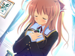  1girl ahoge blush breasts brown_hair clothes curtains eyebrows closed_eyes female_focus green_eyes hands_on_own_chest indoors long_hair nimura_yuushi osananajimi_wa_daitouryou ouhama_yukino painting_(object) ribbon sad school_uniform solo tears upper_body 