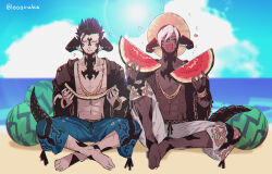  2boys :i artist_name au_ra barefoot beach black_hair black_horns blue_sky blush chewing closed_eyes closed_mouth cloud cloudy_sky colored_tips commentary_request eating facing_viewer fang final_fantasy final_fantasy_xiv food fruit full_body hands_up hat highres horns indian_style jewelry karuo_(oooruka_cr) loving_aura low_horns male_focus multicolored_hair multiple_boys necklace no_shirt ocean open_mouth outdoors pants purple_hair short_hair sitting sky sun_hat tail twitter_username two-tone_hair warrior_of_light_(ff14) watermelon watermelon_slice white_hair 