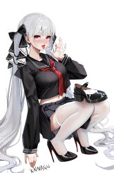  1girl absurdres artist_name azur_lane black_sailor_collar black_serafuku black_skirt breasts cum cum_in_footwear cum_on_hands cum_string fellatio_gesture formidable_(azur_lane) formidable_(the_lover&#039;s_heart_flutters_on_duty)_(azur_lane) full_body grey_hair hair_ribbon heart heart-shaped_pupils high_heels highres large_breasts long_hair looking_at_viewer navel navel_peek neckerchief official_alternate_costume red_eyes red_neckerchief ribbon sailor_collar school_uniform serafuku shoes skirt squatting symbol-shaped_pupils tears thighhighs tongue tongue_out twintails two-sided_ribbon two-tone_ribbon unworn_shoes very_long_hair white_background white_thighhighs xnnagu 