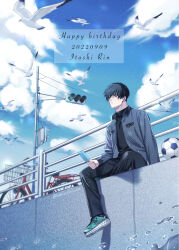  1boy ball bicycle bird black_hair blue_eyes blue_lock blurry buttons cable closed_eyes depth_of_field grey_jacket hair_between_eyes highres isagi_yoichi jacket male_focus open_clothes open_jacket outdoors seagull shioritaweb short_hair sitting soccer_ball solo traffic_light twitter_username utility_pole water wide_shot 