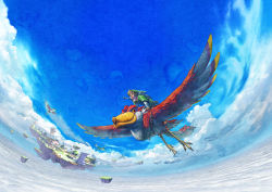 10s 1boy 2011 absurdres bird cloud floating_island flying green_shirt harness hat highres horizon incredibly_absurdres link male_focus nintendo official_art official_wallpaper pointy_ears riding shield shirt sky solo sword the_legend_of_zelda the_legend_of_zelda:_skyward_sword wallpaper weapon rating:Sensitive score:11 user:spiderfan