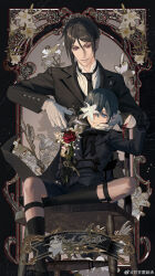  2024 2boys absurdres age_difference ambiguous_red_liquid artist_name black_background black_gloves black_hair black_necktie black_ribbon black_suit black_thighhighs blue_eyes blue_hair blue_jacket blue_shorts buttons ciel_phantomhive closed_mouth collared_shirt copyright_name crossed_legs cup flower flower_over_eye formal gloves highres holding holding_cup holding_flower holding_scissors jacket jitome kuroshitsuji male_focus multiple_boys necktie pouring pouring_onto_self red_flower ribbon scissors sebastian_michaelis shirt short_hair shorts sitting smirk suit thigh_strap thighhighs white_flower white_gloves white_shirt wooden_chair yisuan23 