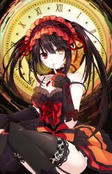  1girl bare_shoulders black_hair blush breasts clock clock_eyes clockwork collar date_a_live detached_collar dress finger_to_mouth frilled_collar frills garter_straps gothic_lolita hairband heterochromia highres lolita_fashion lolita_hairband long_hair looking_at_viewer medium_breasts red_eyes roman_numeral saint_laurent_paris smile solo strap_slip symbol-shaped_pupils thighhighs tokisaki_kurumi twintails yellow_eyes 