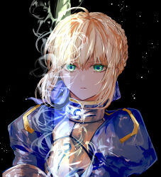  1girl armor artoria_pendragon_(all) artoria_pendragon_(fate) black_background blonde_hair blue_dress braid closed_mouth commentary dress english_commentary expressionless fate/stay_night fate_(series) green_eyes highres invisible_air_(fate) juliet_sleeves light_particles long_sleeves looking_at_viewer puffy_sleeves saber_(fate) short_hair sidelocks sodamachi solo upper_body 